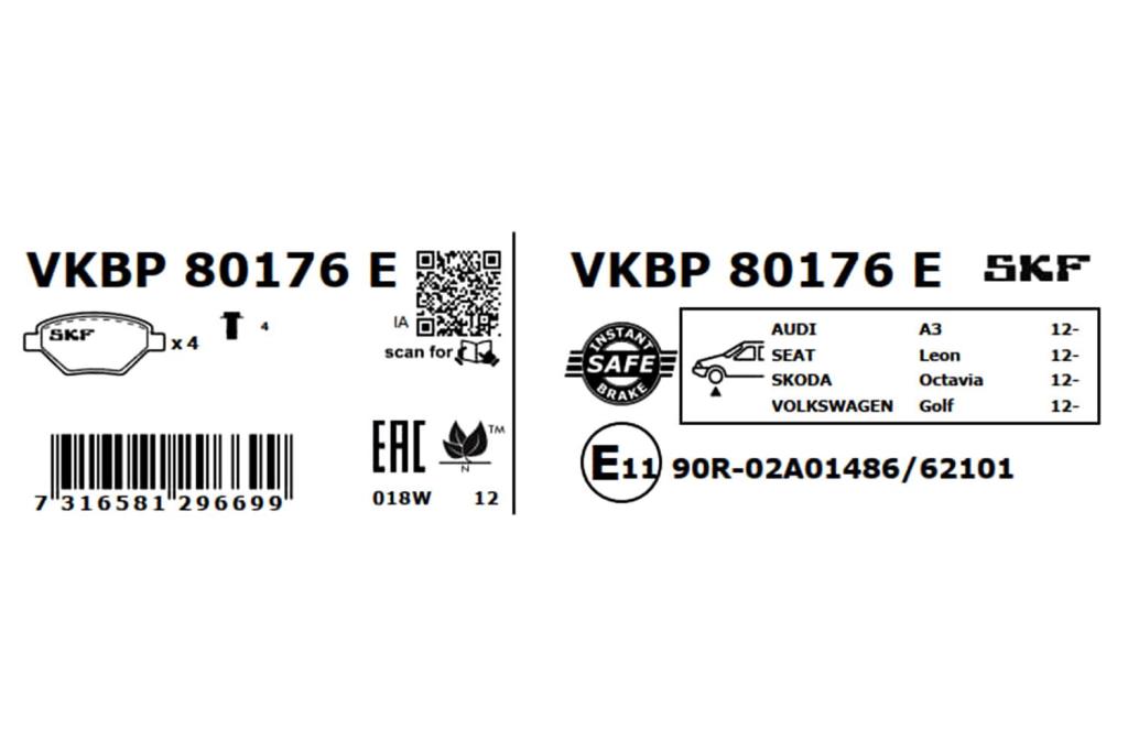 Jeu de 4 plaquettes de frein SKF ref. VKBP 80176 E
